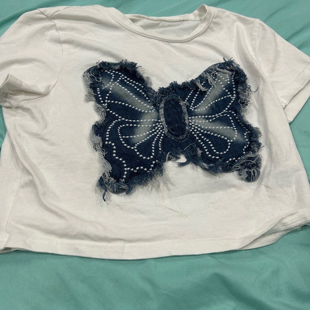White Kids Shirt with Denim Butterfly Design